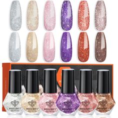 six different colors of nail polish on display in front of an orange box with the words,