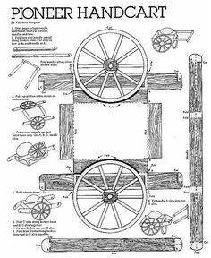 an old drawing of a wooden handcart with wheels and spokes on it