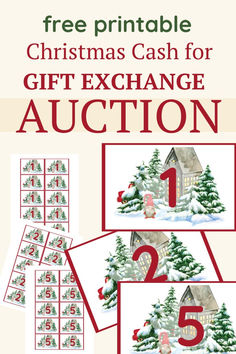 the christmas cash for gift exchange auction is shown in red and white with snow on it