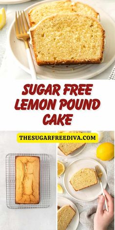 lemon pound cake on a white plate with the words, sugar free lemon pound cake