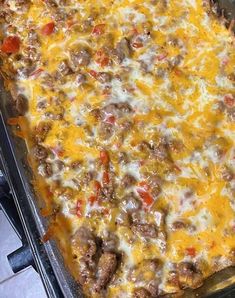 a casserole dish with meat and cheese on it