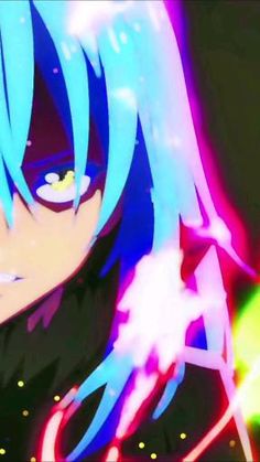 an anime character with blue hair and neon lights