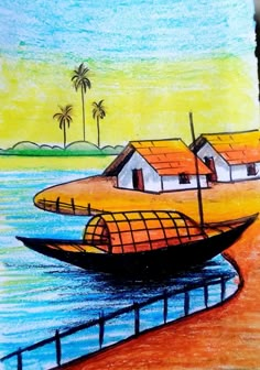 a drawing of a boat on the water with some houses in the background and palm trees