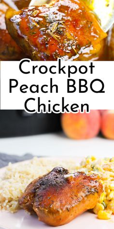 crockpot peach bbq chicken on a plate with rice