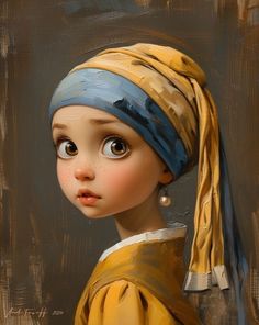 a painting of a girl with a pearl earring wearing a yellow dress and blue headband