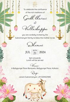 a wedding card with an image of a cow and flowers on the front, in pink