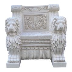 a white chair with two lions sitting on it's legs and the seat is made out of marble