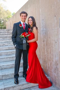 Tux With Red Dress Prom, Matching Prom Couples Red, Red Prom Looks Couple, Prom Red Couple, Red Prom Ideas For Couples, Red Prom Pictures Couples, Red Prom Dress And Date, Red Prom Looks For Guys