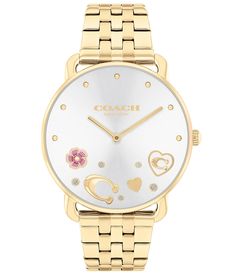 From COACH&#x2C; this women's watch features:Gold-tone stainless steel bracelet and caseApprox. case diameter: 36mmMineral crystal Quartz analog movementDeployment closureWater-resistant up to 99 feetSilver white dialImported. Silver Quartz Watches For Valentine's Day, Gold Watches For Valentine's Day, Elegant Silver Watch For Valentine's Day, Valentine's Day Elegant Silver Watch, Elegant Gold Watch For Valentine's Day, Coach Gold Watches With Metal Dial, Coach Gold Watch With Metal Dial, Gold Coach Watch With Metal Dial, Timeless Coach Jewelry For Gift