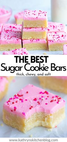 the best sugar cookie bars with pink frosting and sprinkles on top