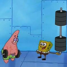 spongebob and patrick in the living room playing with each other's dumbbells