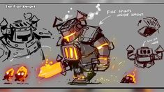 the fire knight concept art is shown in black and white, with orange flames coming out of it