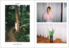 two pictures of a woman standing next to a tree in the middle of a forest