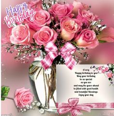 happy birthday card with pink roses in a vase and poem on the bottom right side