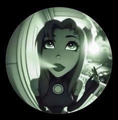 an animated image of a woman with dark hair and green eyes looking at the camera