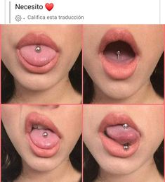 four pictures of a woman's lips with piercings on them