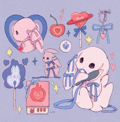 an image of some cute animals on a blue background with hearts and other things around it