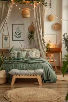 a bedroom with lots of plants hanging from the ceiling and lights on the wall above it