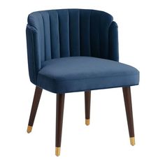 the blue chair with wooden legs is shown in front of a white background and measurements