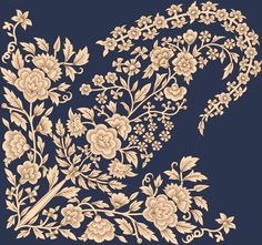 an intricately designed floral design on a dark blue background with white flowers and leaves