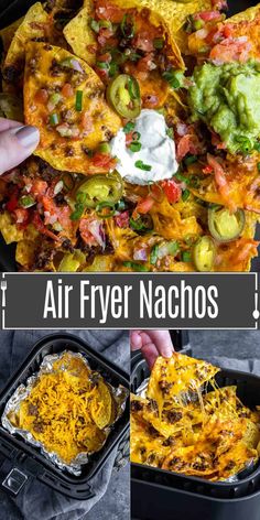 air fryer nachos in a black container with text overlay