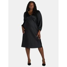 Gorgeous and glam, this Women's Plus Size Long Sleeve Peplum Dress from Nine.Eight will have you covered for any occasion. This pullover dress is crafted in a soft satin fabric that has a beautiful drape and features a flattering V-neck and a V-back with ties that adds just the right amount of drama. The long sleeves end in an elasticized bracelet cuff and peplum styling give a lovely feminine shape. Pair with your favorite heels or flats and you are all set. Only at Walmart. Size: 2X.  Color: B Plus Size Peplum Dress, Plus Size Summer Dresses, Breathable Clothes, Evening Dresses Online, Peplum Styling, Dress With Long Sleeves, Sleeveless Dress Summer, Satin Midi Dress, Bracelet Cuff