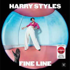 harry styles fine line album cover with woman in pink shirt and white pants standing on top of