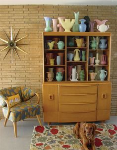 a dog laying on a rug in front of a wooden cabinet with many vases