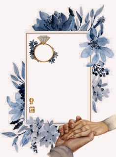 two hands holding each other over a white background with blue flowers and a diamond ring