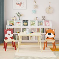 two children's wooden chairs in front of a bookcase with books on it