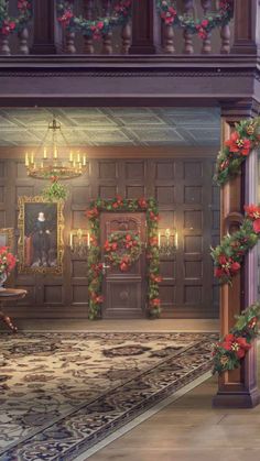 a room decorated for christmas with red flowers and greenery on the walls, chandeliers and rugs