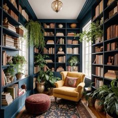 a living room filled with lots of bookshelves covered in plants and potted plants