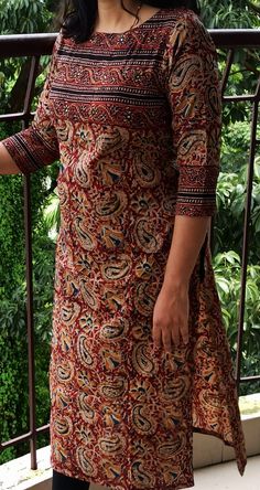 Kalamkari Dresses Kurti Neck Design, Kalamkari Churidar Designs, Ajrakh Tops, Designer Kurti Patterns Latest