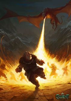 a dragon flying over a man on top of a fire covered ground next to a mountain