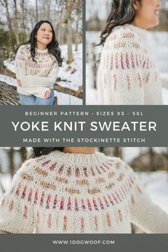 a woman wearing a white knit sweater with the words yoke knit sweater made with the stock