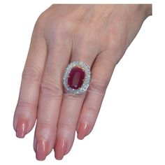 Old South Jewels proudly presents GIL CERTIFIED VINTAGE PLATINUM & 18K RED NO HEAT RUBY DIAMOND 11.43 CARAT VINTAGE RING! Fine 10.35 Carat Rich Red Ruby Crowned With 1.08 Carats of Sparkling Diamonds White Eye Clean VS Diamonds. RARE GIANT RUBY IS GRADED "VIVID RED". Hallmarked Inside the Band "Tiffany & Co." Heavy Solid Platinum & 18K Ring and the Combination of Glowing Red Ruby and Diamonds in Platinum is Amazing! GIL Certification Paperwork Is Included. Fine Ruby Is Unheated, No Dye, Zero Treatment Ruby. Natural Gemstone Regal Heavy Ring. Rich Red Transparent Ruby. You will be very pleased with this one! Fit for a princess. Still Beautifully Kept in Vintage Royal Purple Velvet Presentation Case with Ivory Silk. SIZE: Beautiful HUGE Ring is Over 1 inch North to South by almost 7/8 inches Blue Sapphire Diamond Pendant, Victorian Pendant Necklace, Sapphire Diamond Pendant, Huge Rings, Victorian Pendants, Platinum Diamond Rings, Emerald Diamond Ring, Fine Ring, Gold Cocktail Ring