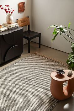 a living room with a rug, table and plant in it's centerpiece