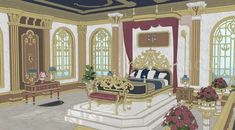 a drawing of a bedroom with gold and blue decor on the walls, windows, and stairs