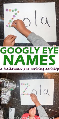 two pictures with the words googlely eye names written on them and an image of a child's hand writing letters