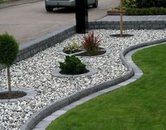 an outdoor area with rocks, grass and plants