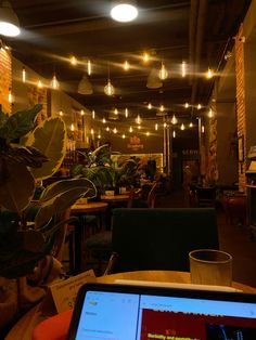 an open laptop computer sitting on top of a wooden table in a room filled with potted plants