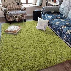 a living room filled with furniture and a green rug