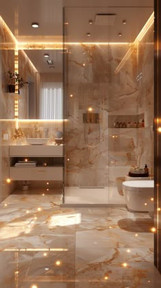 a bathroom with marble floors and lights on the walls