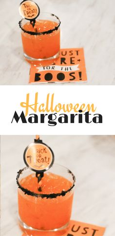 halloween margarita cocktail recipe with orange juice and sprinkles on the rim, served in glasses