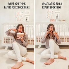 a woman sitting on the floor eating food in front of her baby's crib