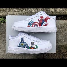 - Custom Painted Nike Air Force 1 - “Super Hero” Design - Painted & Finished/Sealed With Angelus Leather Paint - All Sizes Available!!! Not Just The Ones Listed - Can Be Done In Men, Womens, And Kids - Processing Time: 1-2 Weeks - Prices Negotiatible Nike Custom Sneakers, Marvel Shoes Painted, Cheetah Nikes, Painted Nike Air Force, Super Hero Design, Nike Shoes Custom, Blue Nike Air Force, Low Rise Jeans Outfit, Marvel Shoes