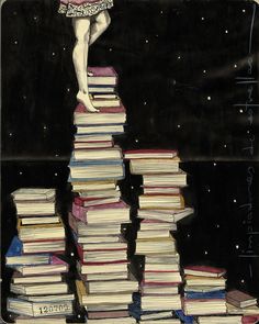 a painting of a woman standing on top of a stack of books with her arms in the air