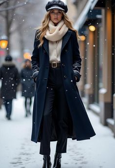 a woman walking down the street wearing a hat and coat in the snow with her hands on her hips