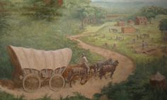 a painting of a horse drawn carriage going down a dirt road