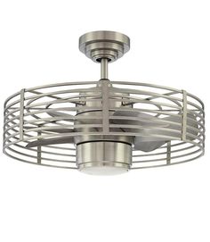 a ceiling fan with a caged design on the front and back sides, in an industrial style